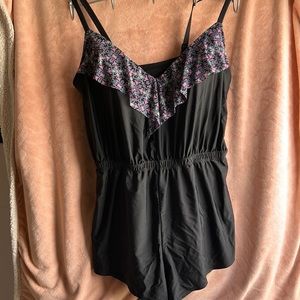 Cacique Black One-Piece Swim Romper with Pink Floral Ruffle